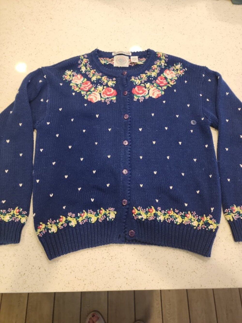 NWOT Vintage Cape Isle Knitters Blue Cardigan Floral Sweater Size S